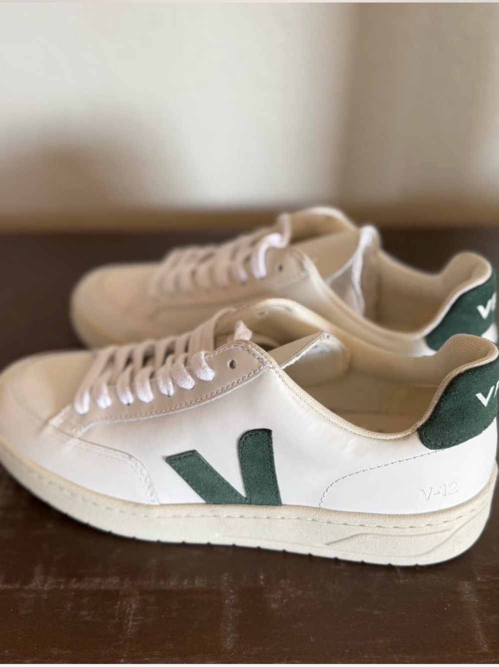 Veja V-12 White Sneakers with Green Accents